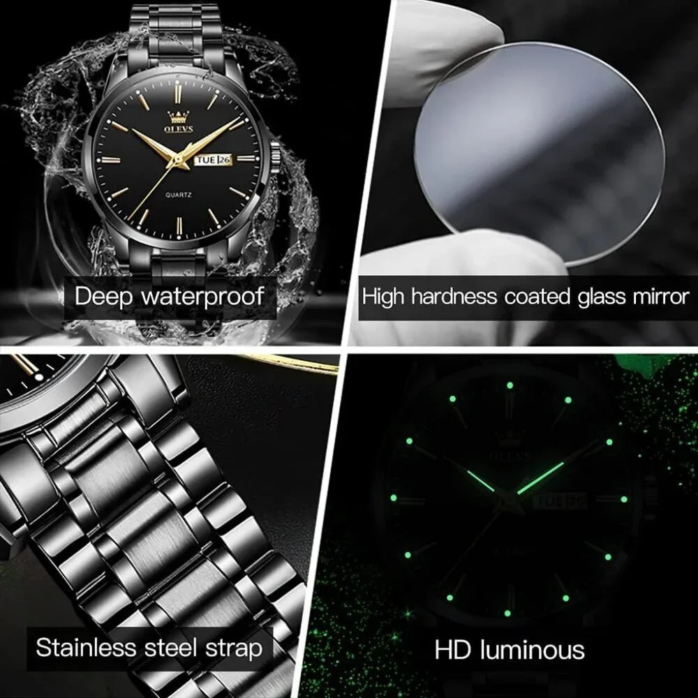 Olevs Men's Black Steel Black-Dial Waterproof Stainless Luminous Stylish Watch